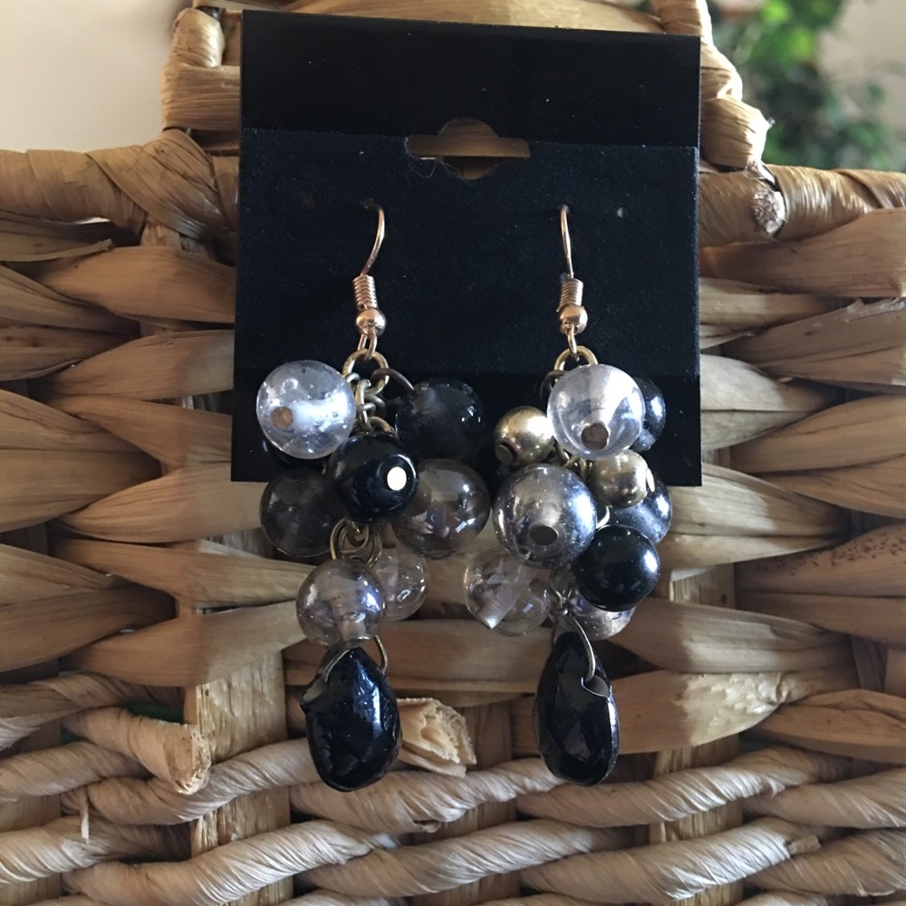 Black silver clear glass bead chandelier earrings